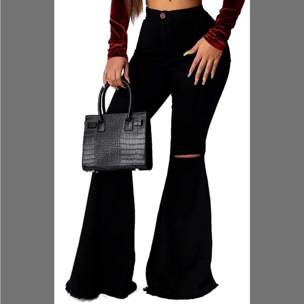 Black Women High Waist Stretch Ripped Classic Retro Flared Jean Denim Pants